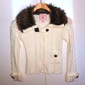 PINK REPUBLIC Cream Zip-Up Sweater with Faux Fur Collar GIRL'S SIZE MED (10-12)